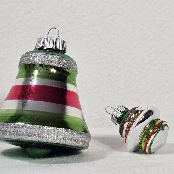 2 Christopher Radko Christmas Ornaments Shiny Brite Bell Stripe Red Green Silver - Picture 1 of 7